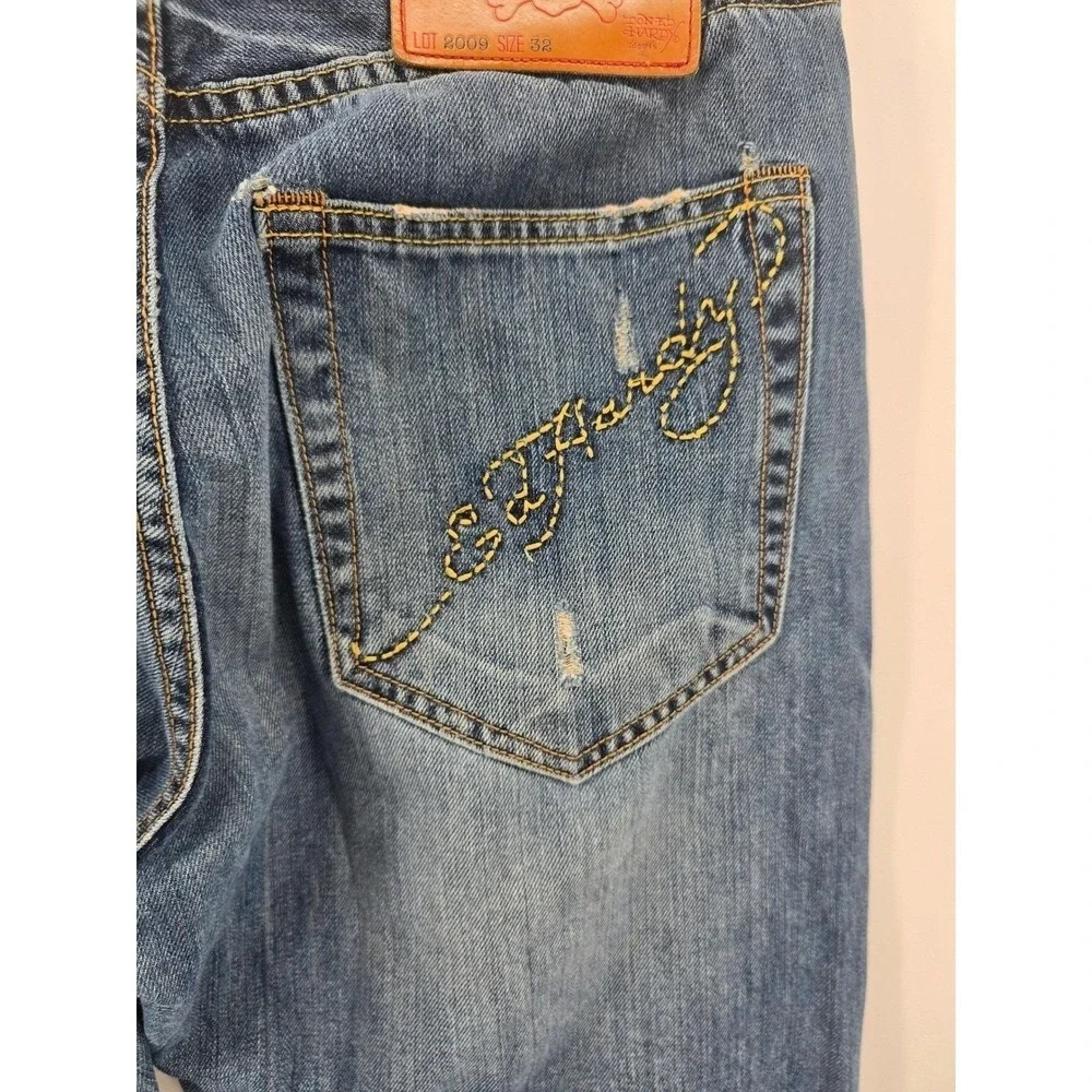 Ed Hardy Jeans Mens 32 Blue Lot 2009 Embroidered Logo Distressed Straight Leg